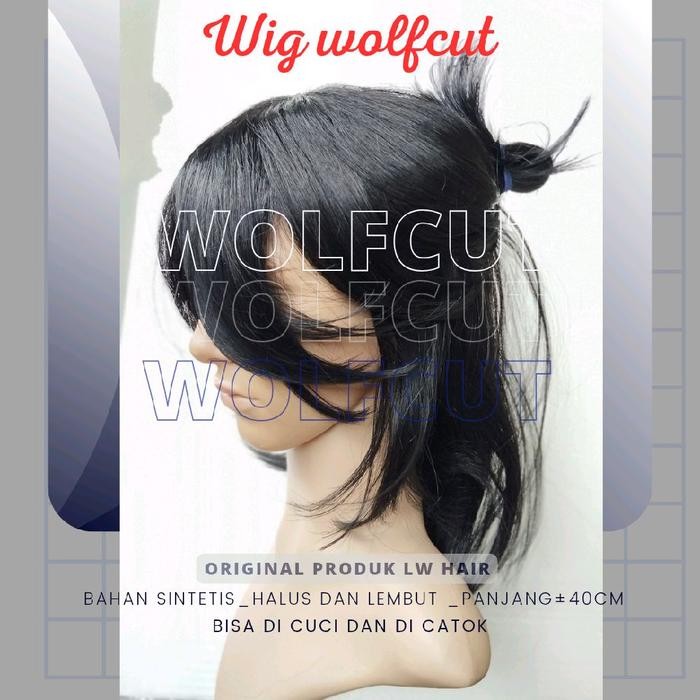 Wig Pria Wanita Mulllet Wolfcut Hitam rambut palsu cowok gondrong