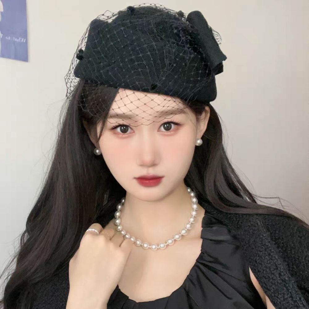 New Cashmere Wool Bow Hat with Veil Temperament British Style Fascinator Hat Casual Bride Formal Hat