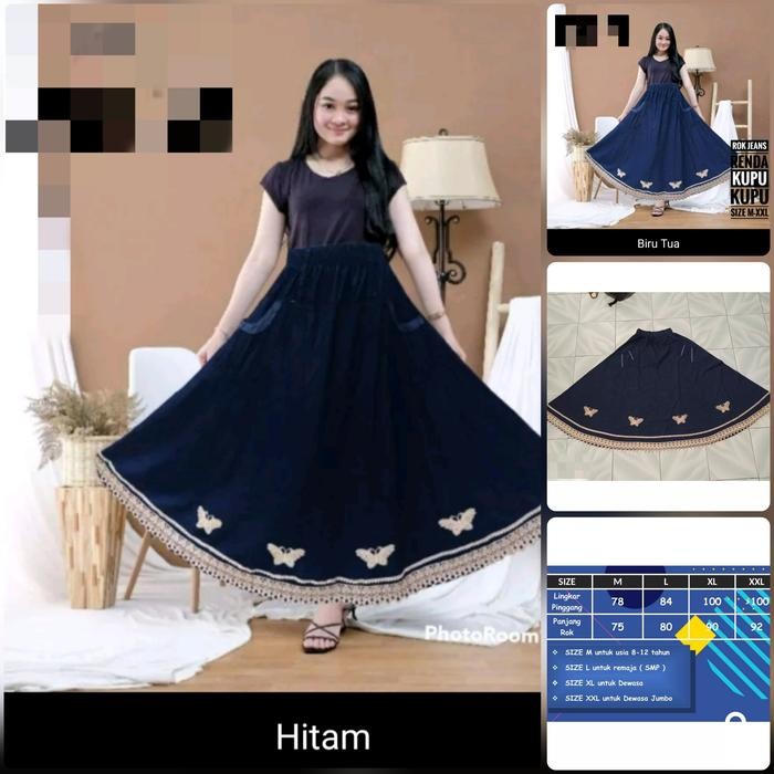Rok Panjang Jeans Renda Lebar Hop.2 Kupu Payung Long Skirt Kupu Bordir