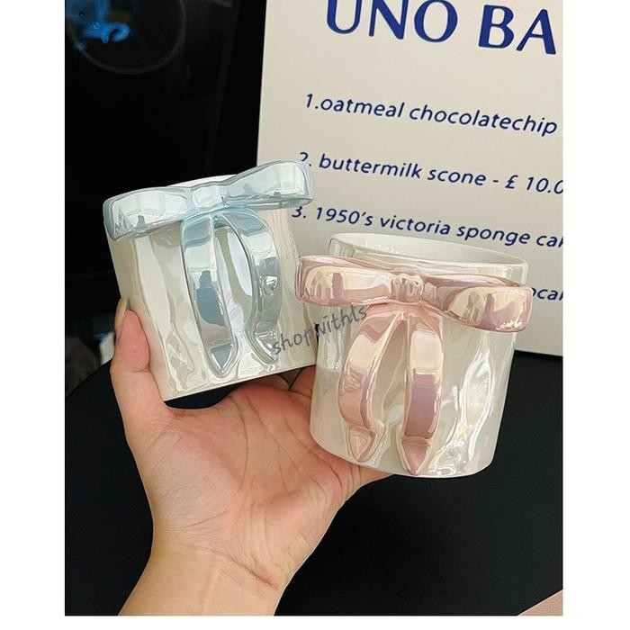 Coquette Mug/Korean Style Mug/Cute Ceramic Ribbon Mug/Cangkir Motif Pita/Cangkir Kopi/Teh