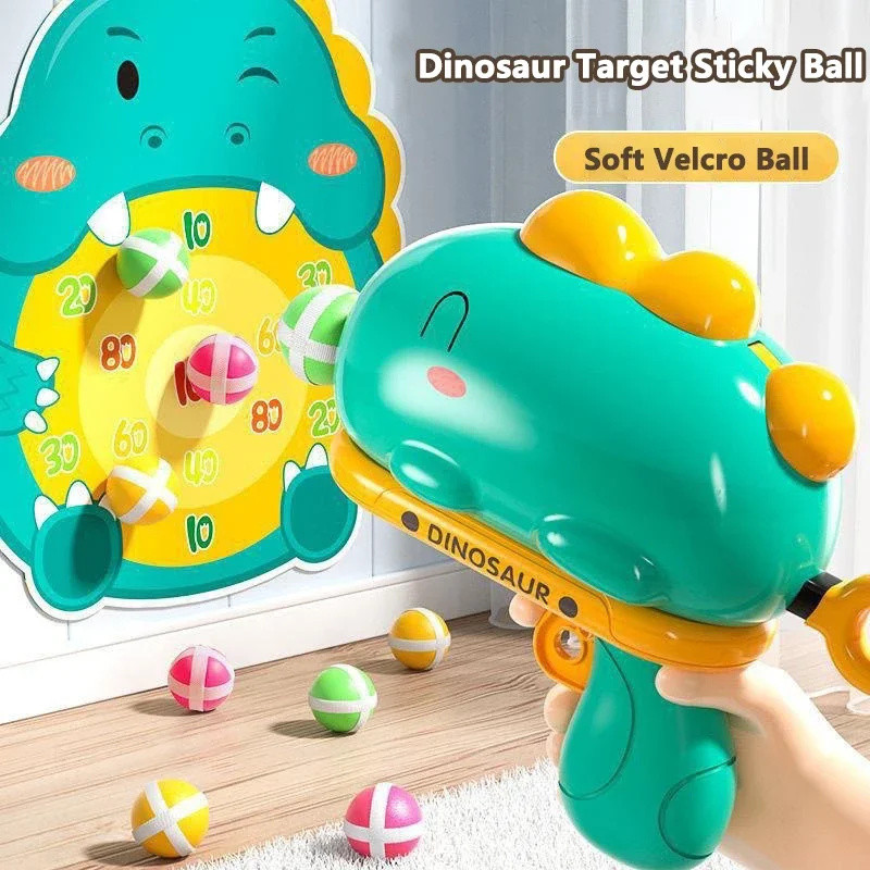 Kids Cartoon Dinosaur Sticky Ball Gun Toys Catapult Target Dart Board Shoot Sport Softball