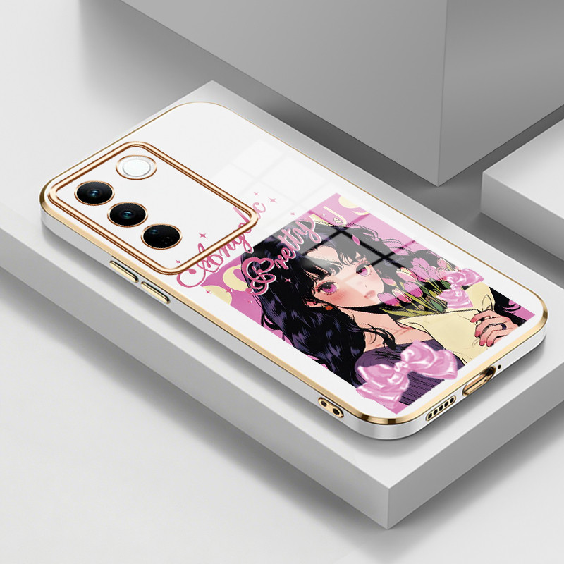 Casing Untuk VIVO V27 5G V27 Pro 5G V27E Case Casing Bunga gadis yang elegan silikon tahan HP Softca