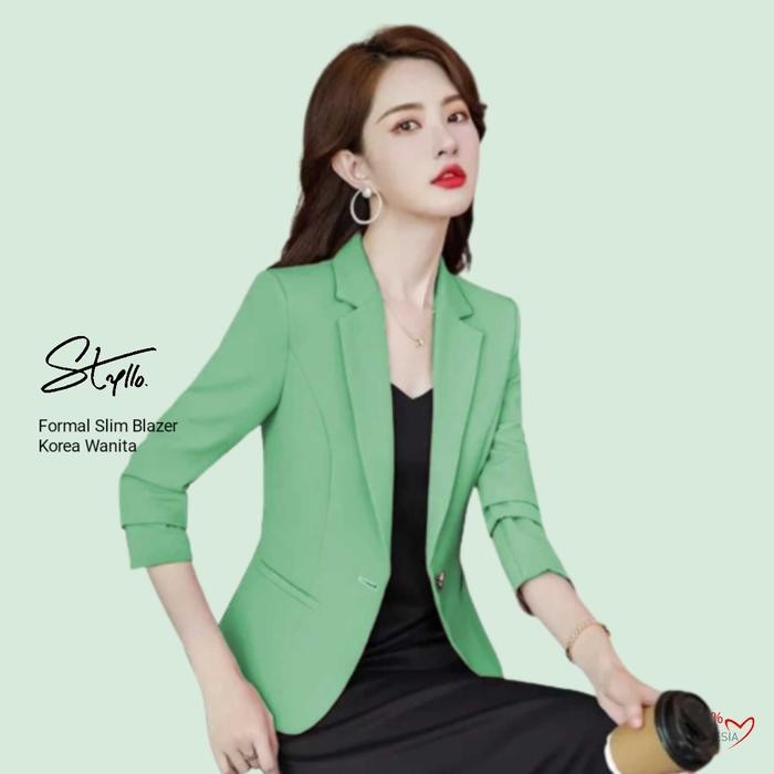 Yoona Blazer Jas Kerja Wanita Lengan Panjang Kantor Slimfit Formal Green Scuba - Hijau Sage Styllo.