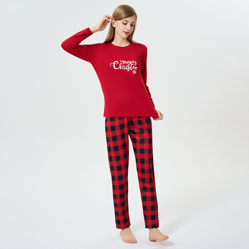Merry Christmas Pajamas Autumn Winter Homewear Red Plaid Printed Long-sleeved Suit T Shirt Top and P