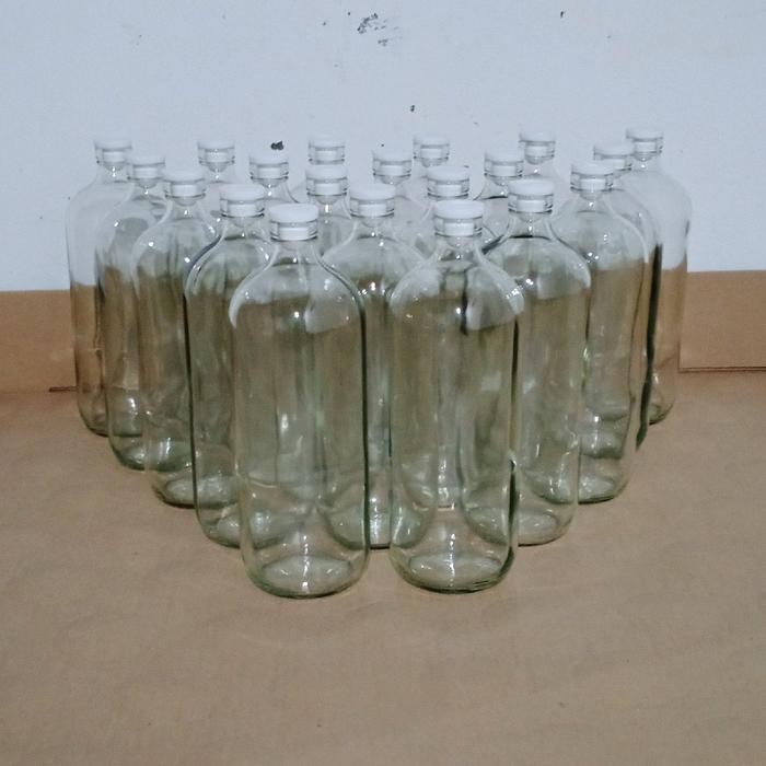 BOTOL BENSIN ECERAN UKURAN 1 LITER ( ISI 10 BOTOL DAN TUTUP) KACA