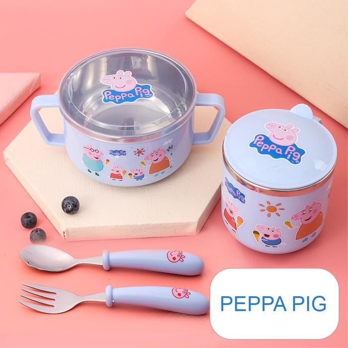 SET MAKAN MINUM MUG STAINLESS PEPPA PIG HELLO KITTY DORAEMON PREMIUM