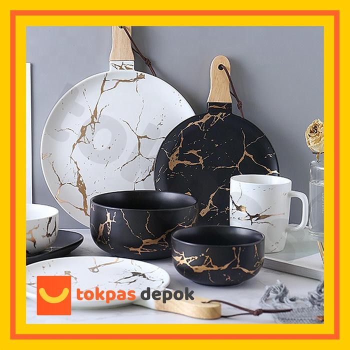 Peralatan Makan Keramik Marble / Piring Gelas Mangkok Keramik Motif Marble Cantik Kaori Gold Hitam
