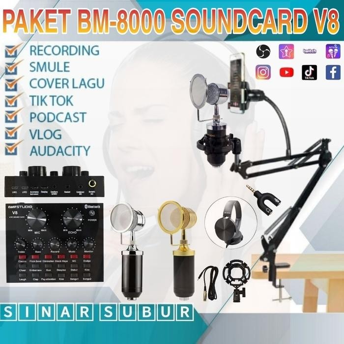 Paket Komplit BM8000 Soundcard V8 Mixer V8 Home Rechording
