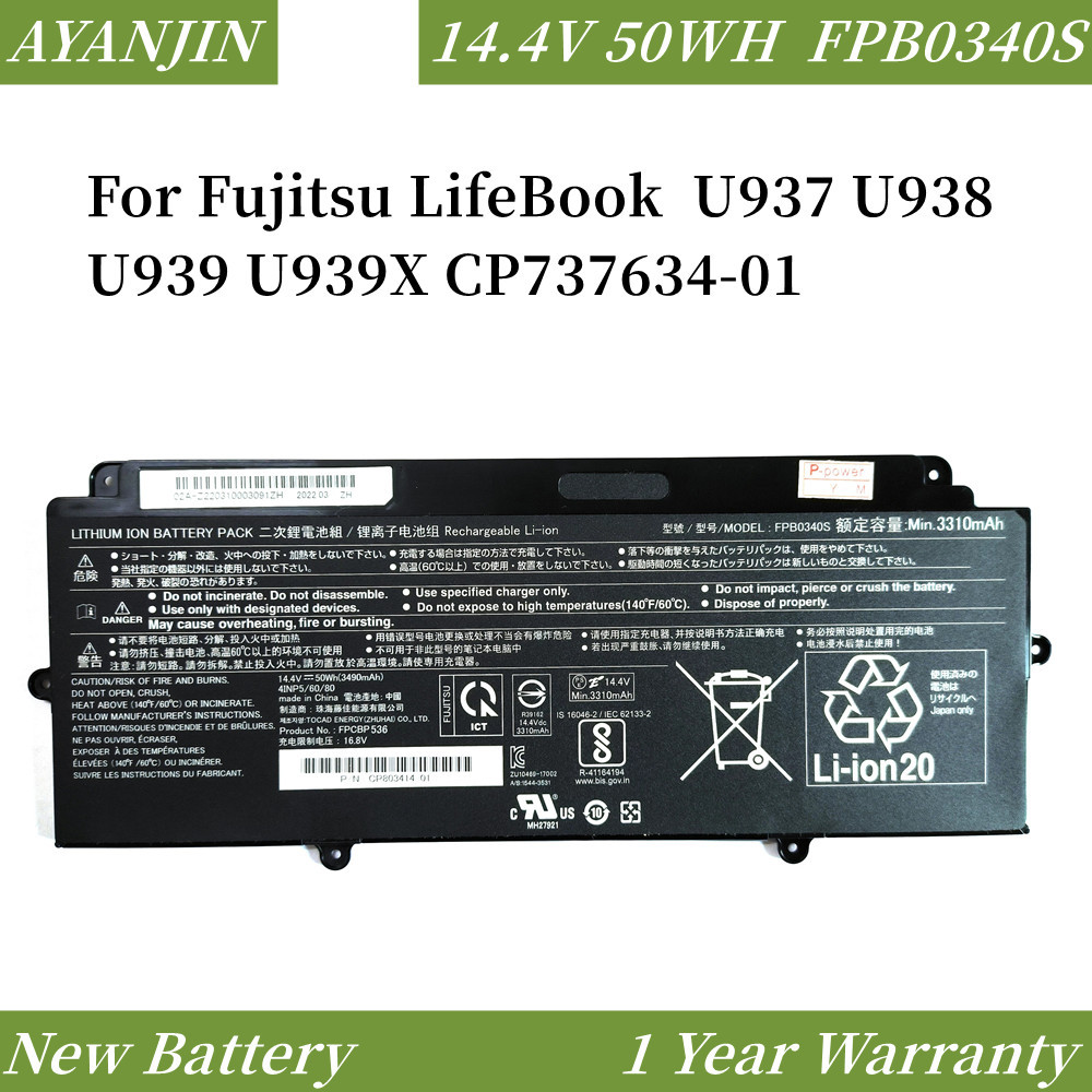 14.4V 50WH FPB0340S Laptop Battery For Fujitsu FPCBP536 LifeBook U937 U938 U939 U939X CP737634-01 FP