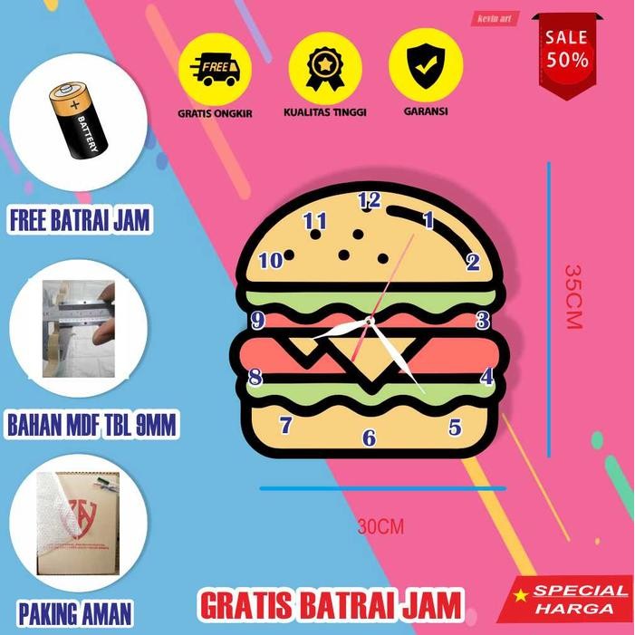 JAM DINDING KARAKTER BURGER BESAR TEMPEL TEMBOK UNIK POSTER KAYU KAMAR TIDUR RUANG TAMU DEKORASI