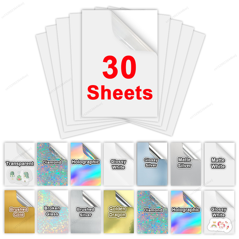 

30 Sheets Printable Vinyl Sticker Paper A4 Waterproof Adhesive Transparent Glossy White Copy Paper