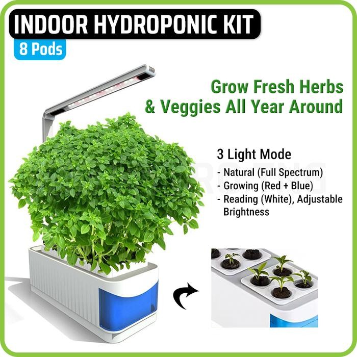 Premium Indoor Mini Hydroponic Kit with Automatic Timer Grow Light, 8 Pods