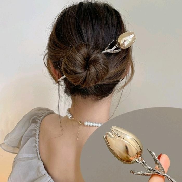 Tusuk konde wanita modern model Tulip emas aksesoris rambut