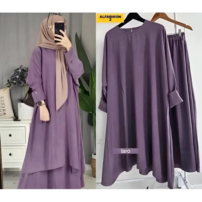 (Allthebest) One Set Abaya Fatiya Set Crinkle Airflow Premium Tunik + Rok Jumbo Baju High Panjang