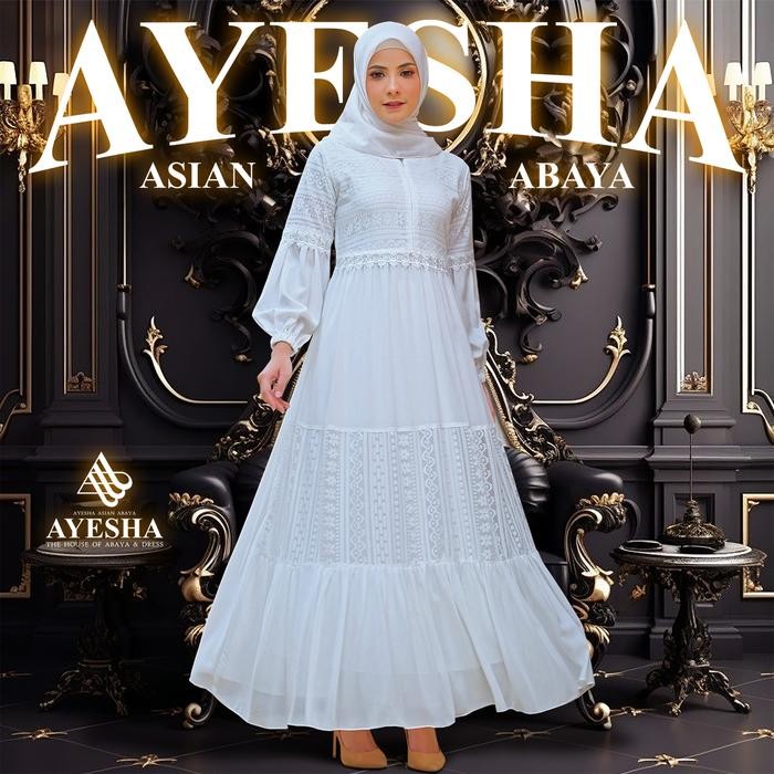 (Allthebest) AYESHA Gamis Putih Brukat Wanita Mewah Elegan Terbaru 048