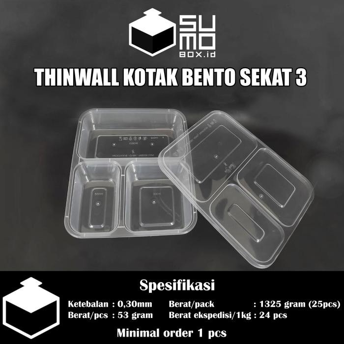 [1 PAK ISI 25 PCS] BENTO 3 SEKAT + TUTUP / THINWALL BENTO SEKAT / BOX KOTAK NASI PLASTIK KODE 1065
