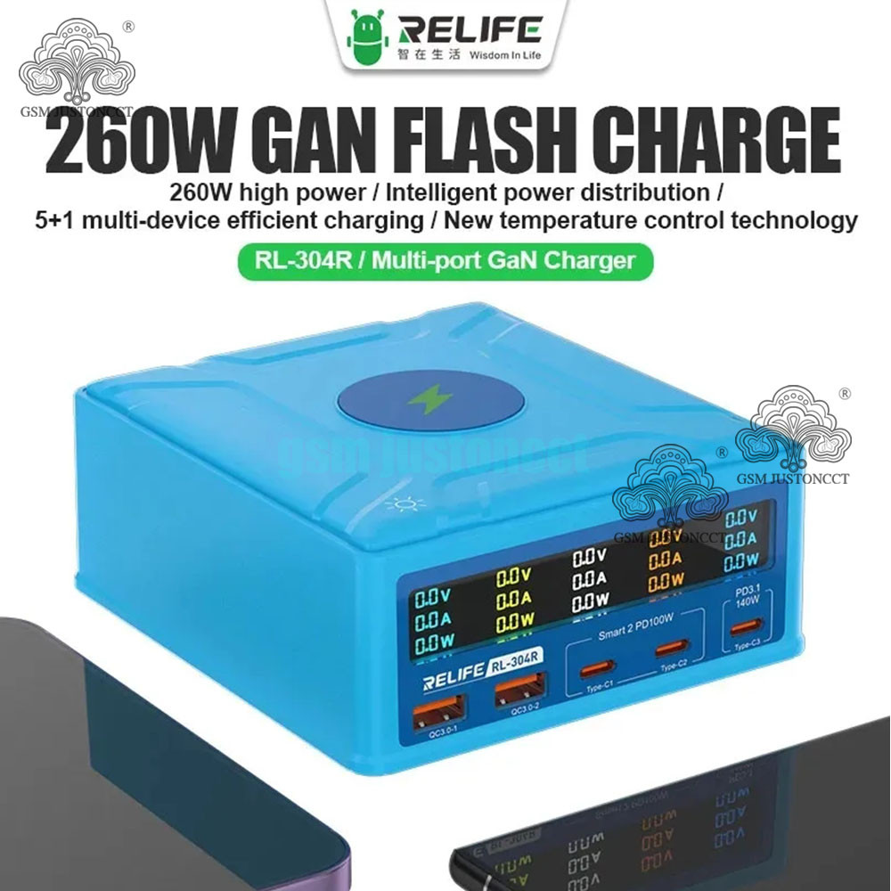 BEST SELLER  RELIFE RL-304R 6-Port 260W Gallium Nitride Smart Digital Display USB Fast Charger Suppo