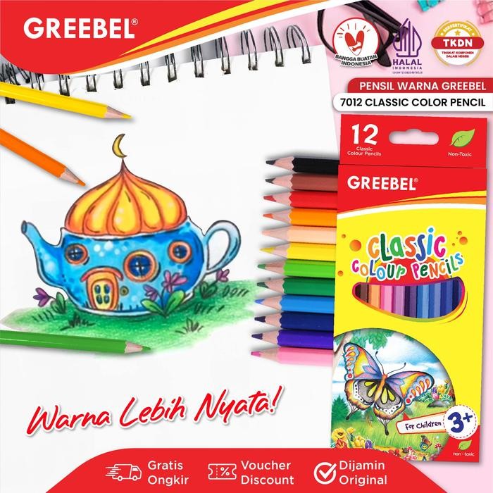 

GREEBEL Pensil Warna 12 Warna Panjang / Classic Color Pencils (7012) Warna Lebih Nyata / Mewarnai