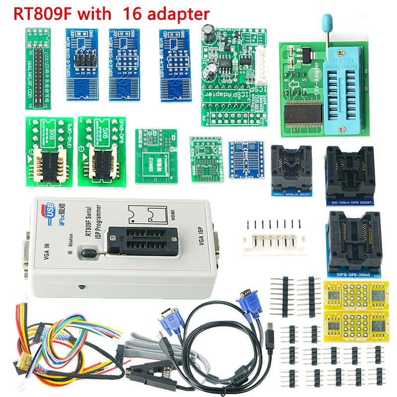 

RT809F Serial ISP Programmer + 16 Adapters +1.8v Adapter+SOP8 Test Clip+EDID Cable +ICSP Bios