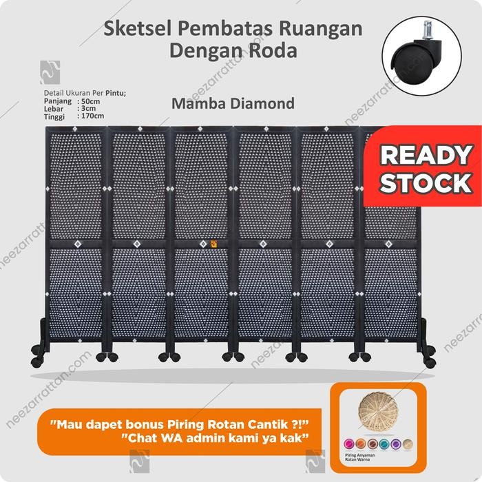 Sketsel Partisi Pembatas Penyekat Ruangan 3 pintu Pakai Roda