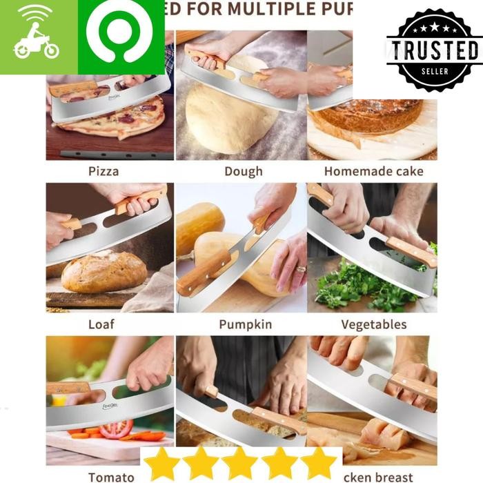PROMO>>> 35CM PISAU PEMOTONG PIZZA STAINLESS BESAR PEGANGAN KAYU WOOD <<<TERBARU