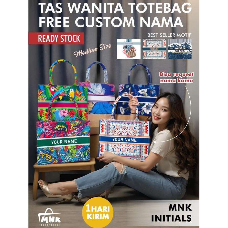 TAS KANVAS TOTEBAG MNK BAG TAS WANITA RN SERIES READY STOCK MNK INITIAL (MEDIUM) (BISA PAKAI