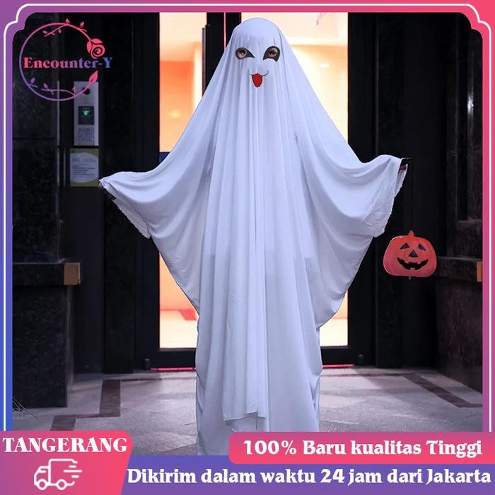 Kostum Jubah Halloween Putih Kostum Hantu Seram Cosplay Kostum Jubah Hiasan Halloween