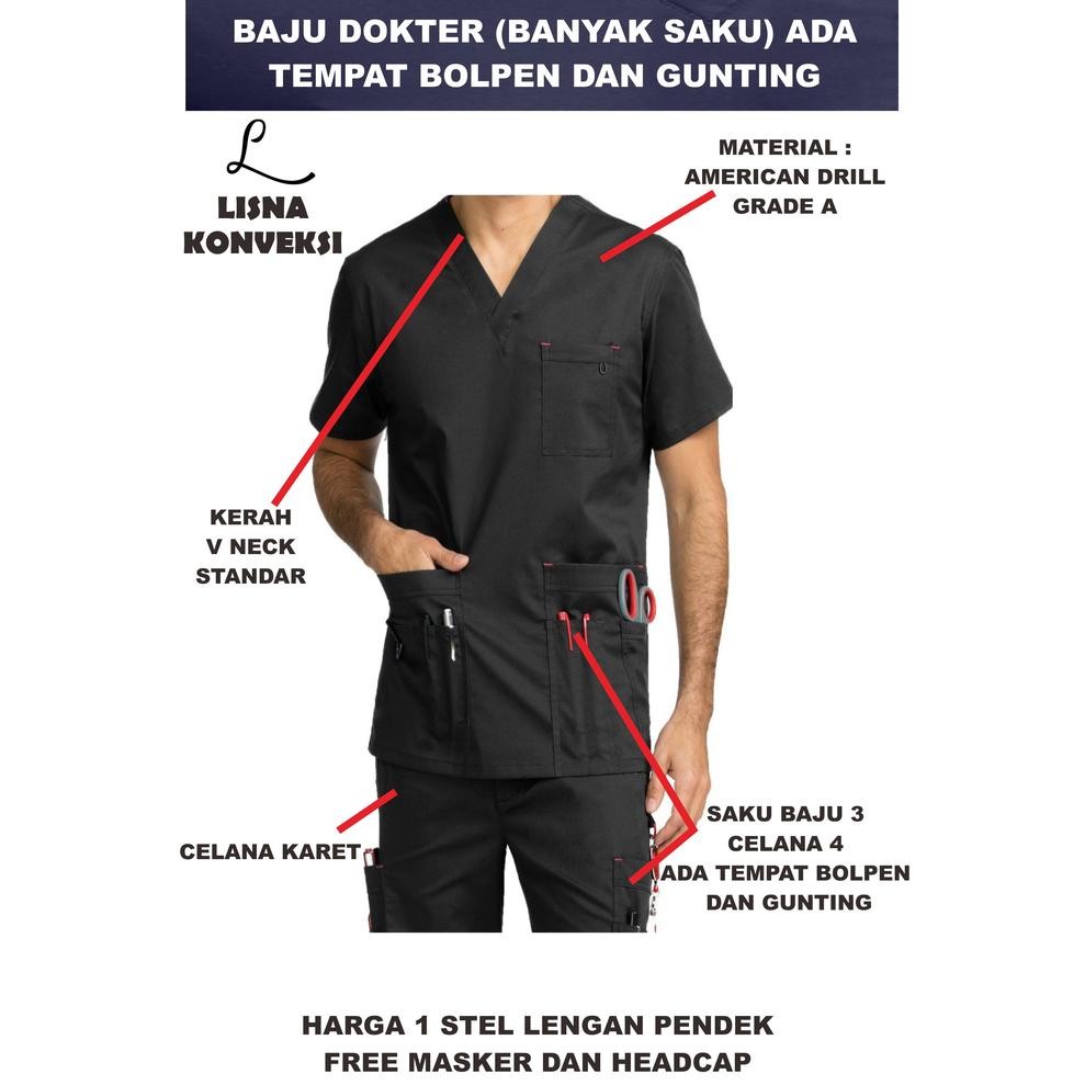 Baju Jaga Dokter Scrub Oka Saku Banyak American Drill Xs-Xl Berkualitas