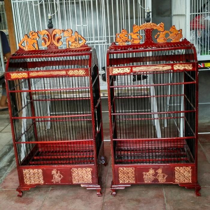 Kandang burung kotak ukiran kayu jati P 42 cm xL 36 cm xTbadan 67 cm