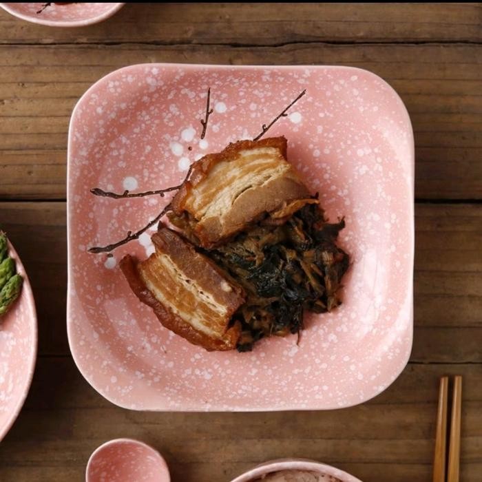 Piring Mangkok Kotak Keramik Saji ala Jepang motif Sakura Tahan Panas / Aesthetic Deep Plate