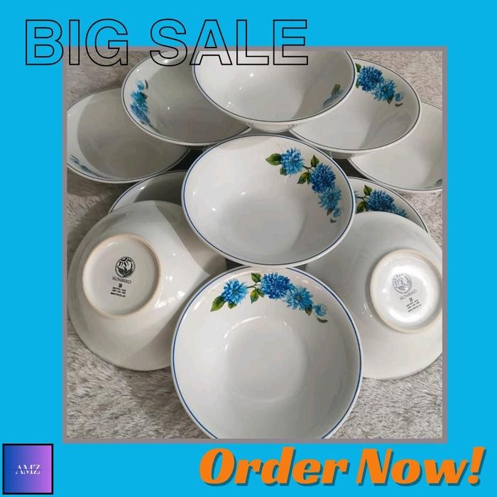 Set 6 Mangkok Keramik Sunbird Motif Bunga Biru dan Putih - Blue, Buah