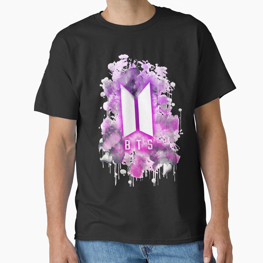 Simbol BTS Warna-Warni Ungu Seni Trendi Klasik T-Shirt Kaos Leher Bulat Unisex, Unik Kreatif, Modis 