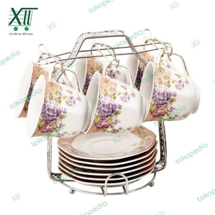 Vicenza C~78~1 Tea Cup Saucers Set 13 Pcs Cangkir & Tatak + Rak