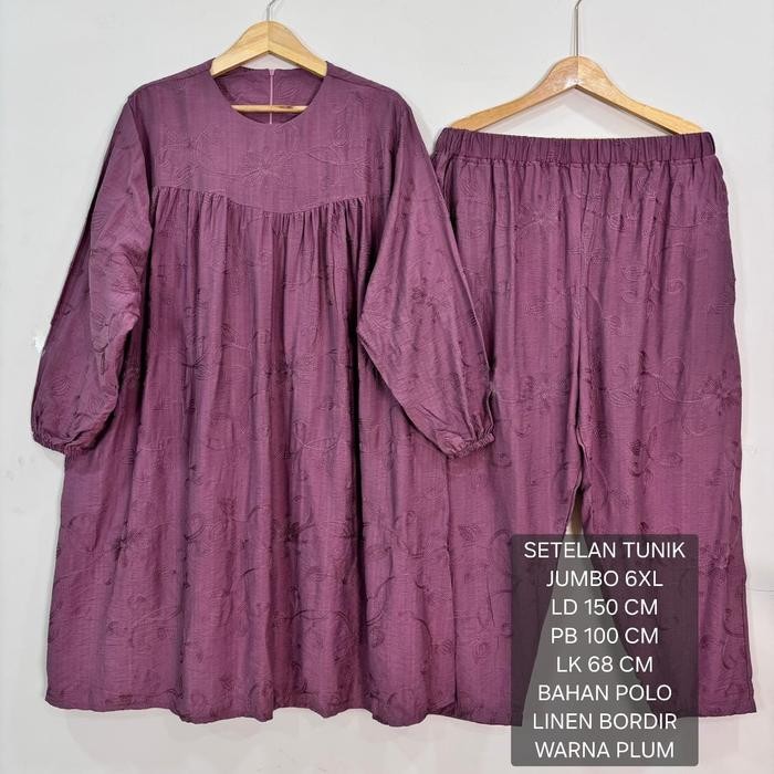 Setelan Tunik Super Jumbo Ld 150 Cm Bahan Polo Linen Bordir Koleksi Terbaru Fit To 6Xl Celana Melar