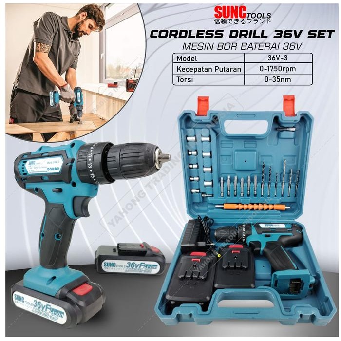 Cordless Drill Sunc Tools 36V Mesin Bor Baterai