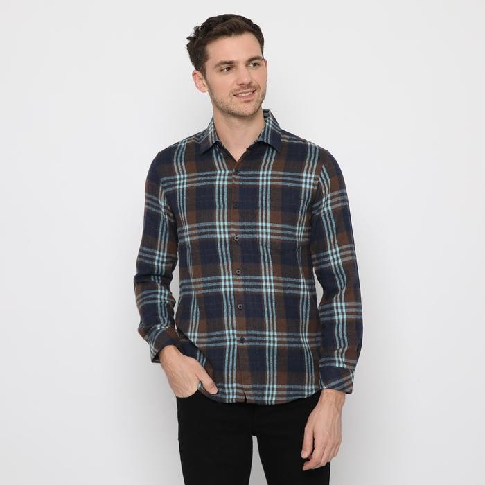 Platini Kemeja Pria Flanel Panjang Hitam Biru 76304 *