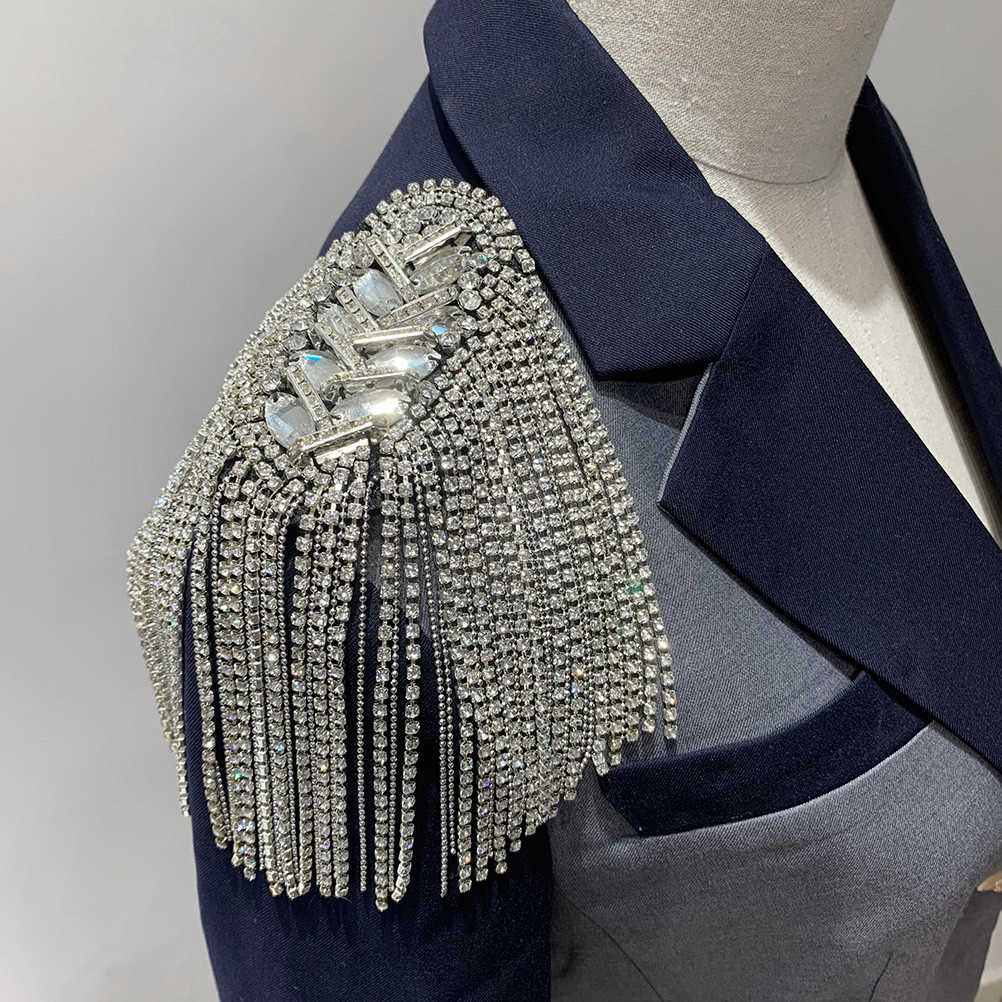 1Pair Silver Tassel Epaulet Brooch Pin Beads Rhinestone Shoulder Board Tassel Chain Shoulder Badge d