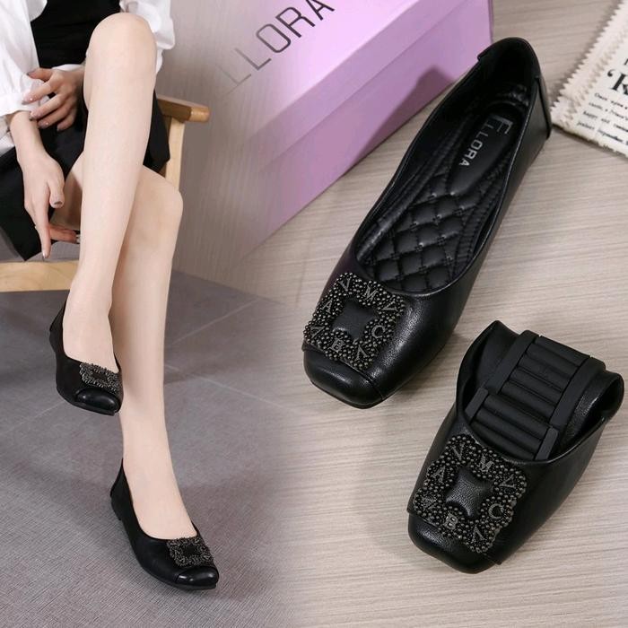 ELLORA EG-2020 Sepatu Flatshoes Wanita Kerja Import Premium Original Black Shoes connection