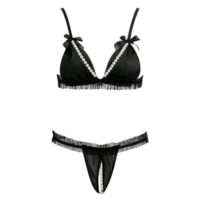 NEW B356 Set Pakaian Dalam Wanita BH Bra Bralette CD T-Back Mutiara Hitam Polos