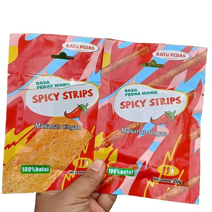 Latiau Isi 20 Bungkus Spicy Strips Ratu Pedas Kemasan 20 Gram - Food, Keripik, Kripik, Snack,