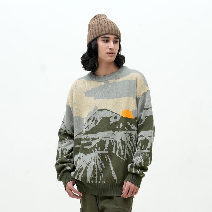 Roughneck RS002 Grey Mount Bromo Knitwear Crewneck Panjang Pria Sweater *