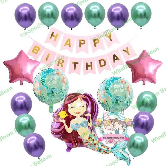 

Terlaris Windblown Balloon Birthday Set Purple-Hair Mermaid with Pink Banner SALE