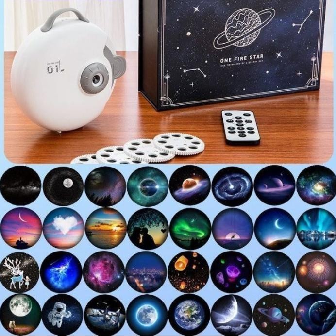 Lampu Tidur Proyektor Galaxy 32 Pola HD Bluetooth Speaker, Rotasi 360, Remote, Baterai 1800mAh,