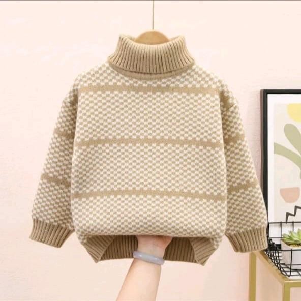 KARISOK Sweater rajut anak laki-laki dan perempuan strepe baju rajut kotak kerah tinggi 1-7 tahun