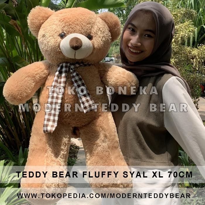 Boneka Beruang Teddy Bear Fluffy Tartan Jumbo Xl 70Cm Pasti Diskon