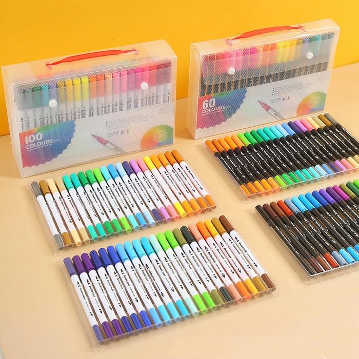 

Warna Kreatif1 Tips/2 Tips 24/36/48/60/100 Spidol Warna Set Brush Pen Double Tip Drawing Pen Pasti