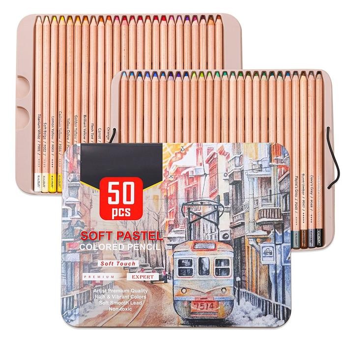 KALOUR Premium 50pcs Soft Pastel Colored Pencil Set Wood Skin Pastel