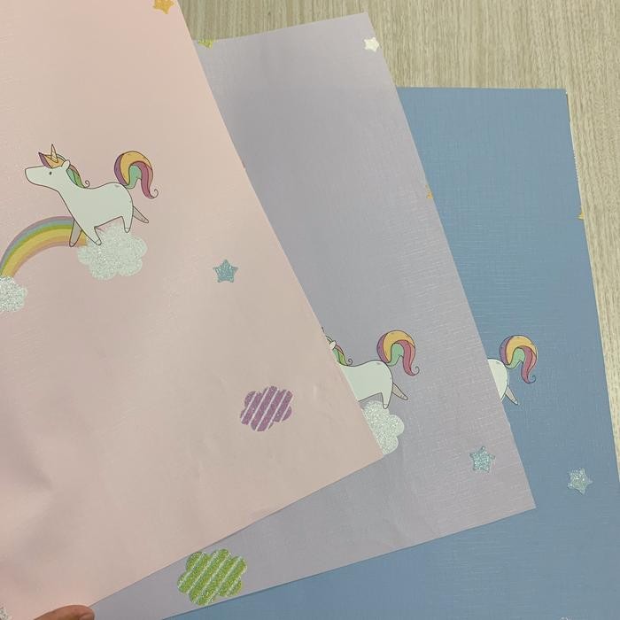 Wallpaper Vinyl Kids Kamar Anak Unicorn Pelangi Lilac Pink Biru Ungu