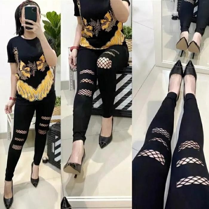 FJPY Legging Import Sobek Jala / Legging Import Wanita Melar Panjang