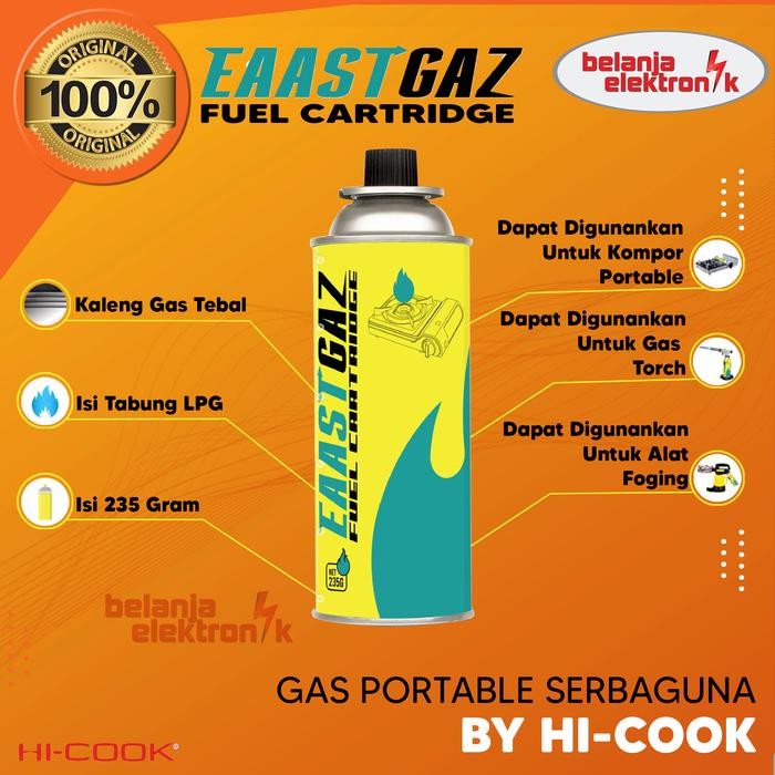 

TABUNG GAS PORTABLE EAAST GAZ BY HI-COOK 235 GRAM GAS KALENG GAS CARTRIDGE HICOOK